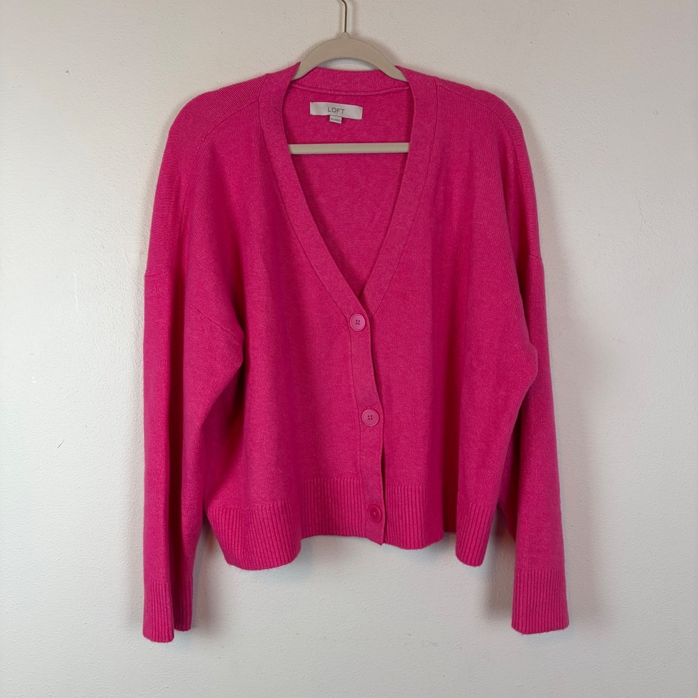 LOFT Womens Modern V-Neck Button Front Cardigan Sweater Hot Pink XL 753413